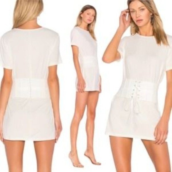 NBD Dresses & Skirts - NBD Corset T-Shirt Mini Dress White Lace Up Waist Short Sleeve Crew Neck Size S